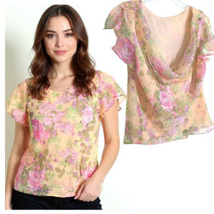 Studio I Waterfall Back Chiffon Top Wmn's 14P Yellow Floral Split Cap Sleeve Y2K